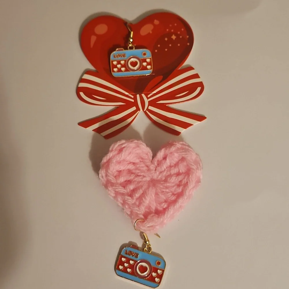 Handmade Crochet Acrylic Pink Heart Camera Earrings Charm Dangling Earrings